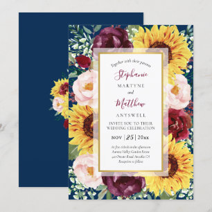Sunflower Navy Blue Gold Burgundy Floral Wedding Invitation