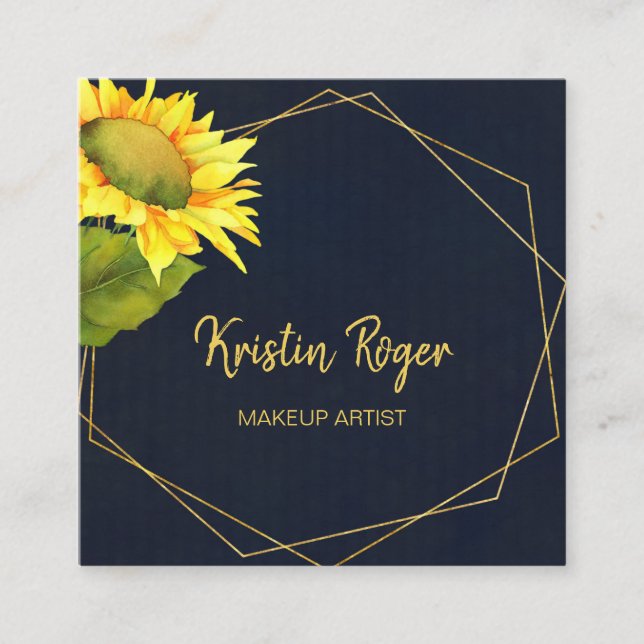 Sunflower Navy Blue Makeup Artist Square Business Card (Front)