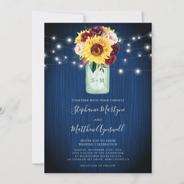 Sunflower Navy Blue Mason Jar Lights Wedding Invitation (Front)