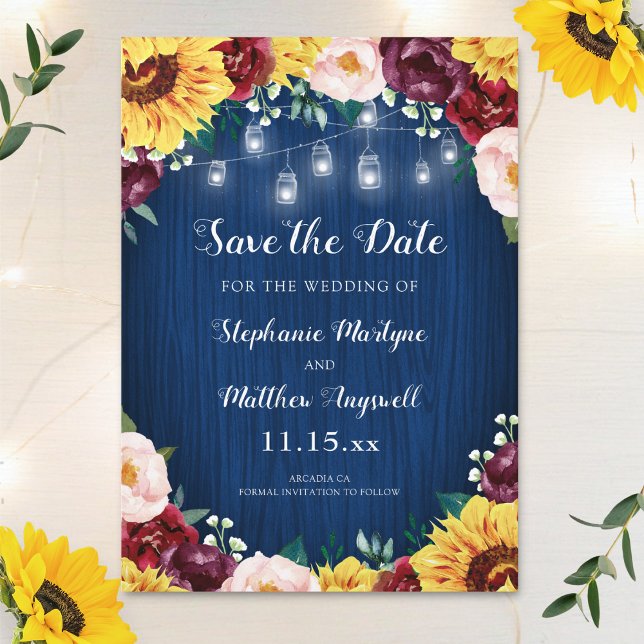 Sunflower Navy Blue Mason Jar Lights Wedding Save The Date (Creator Uploaded)
