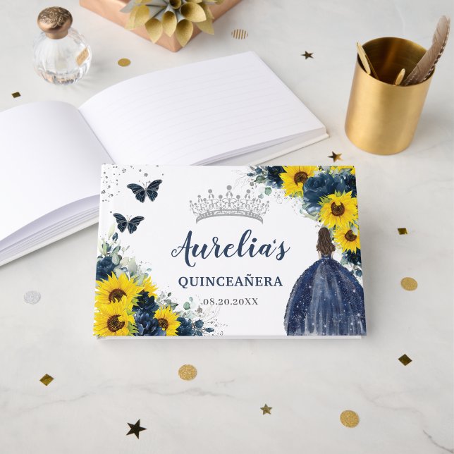 Sunflower Navy Blue Princess Silver Quinceañera Guest Book (Front Open)