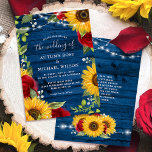 Sunflower Navy Blue Red Rose Rustic Wood Wedding Invitation<br><div class="desc">Beautiful and unique rustic sunflower wedding invitations that are easily personalised for your Big Day! This original watercolor / mixed media design depicts hand painted country yellow sunflowers, deep burgundy red roses, along with white baby's breath and a mix of wildflowers and floral greenery. The background has a deep navy...</div>