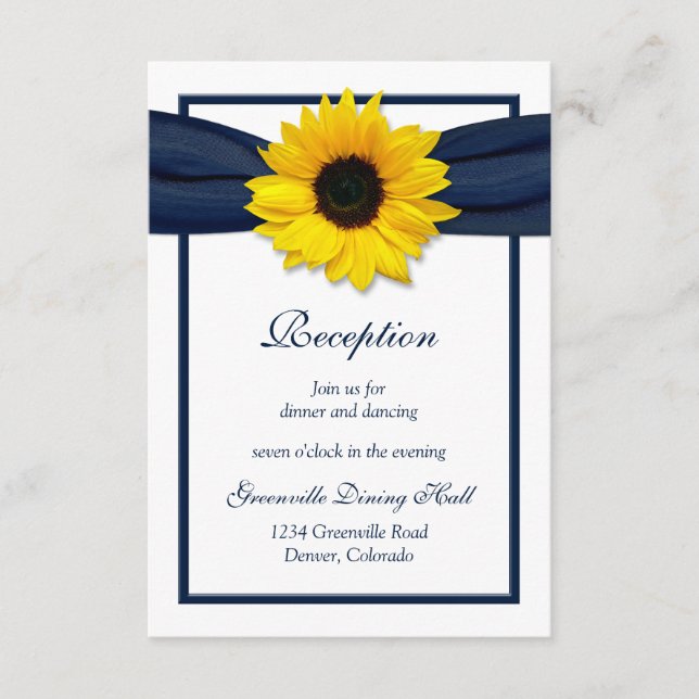 Sunflower Navy Blue Ribbon Wedding Reception Card (Front)