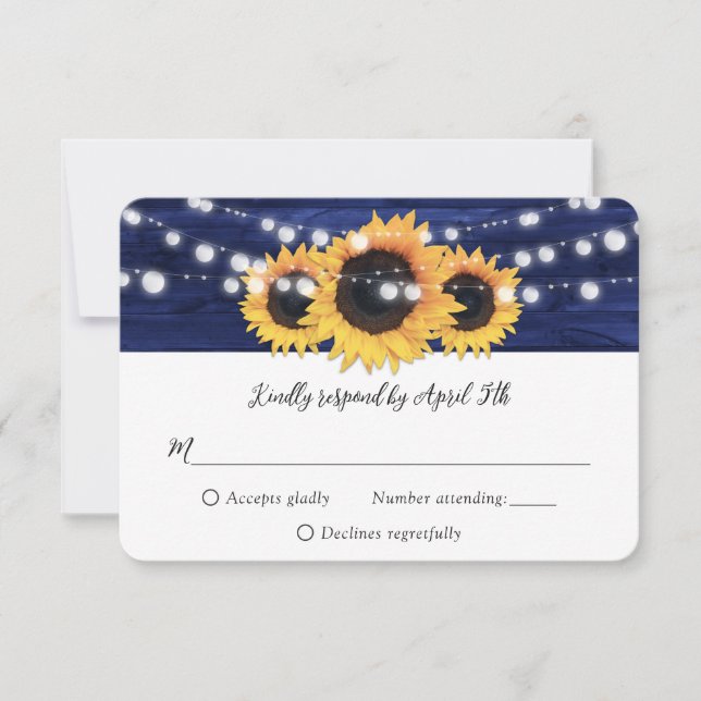 Sunflower Navy Blue Rustic Wood Wedding RSVP Card (Front)