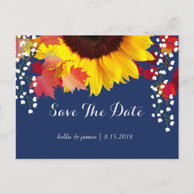 Sunflower Navy Blue Save The Date Cards (Front)