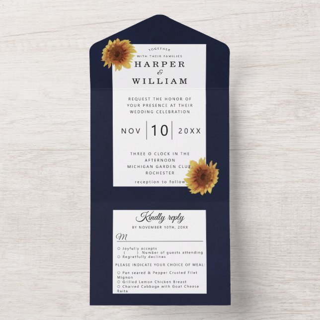 Sunflower navy blue wedding envelope all in one in invitation (Inside)