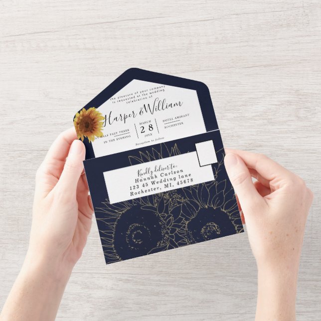 Sunflower navy blue wedding envelope all in one in invitation (Opening)