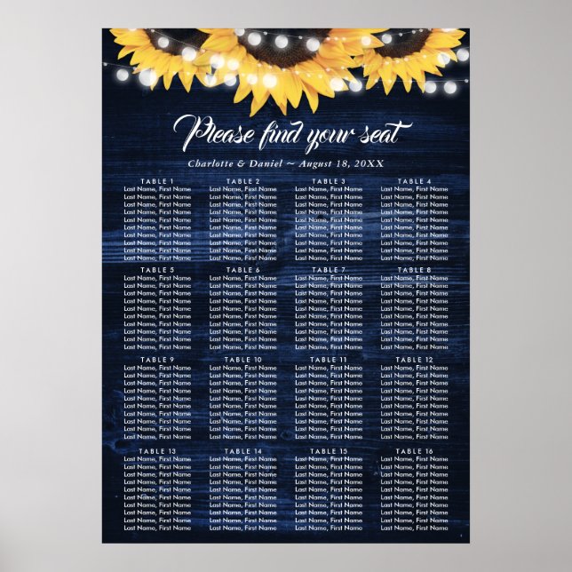 Sunflower Navy Blue Wedding Seating Chart 16 (Front)