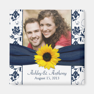 Sunflower Navy Blue White Damask Wedding Magnet
