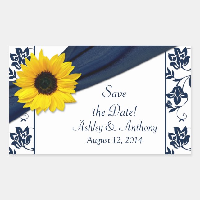 Sunflower Navy Blue White Damask Wedding Stickers (Front)