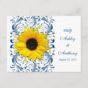 Sunflower Navy Blue White Floral Wedding Rsvp Invitation Postcard
