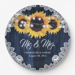 Sunflower Navy Blue Wood Floral Lace Wedding Paper Plate
