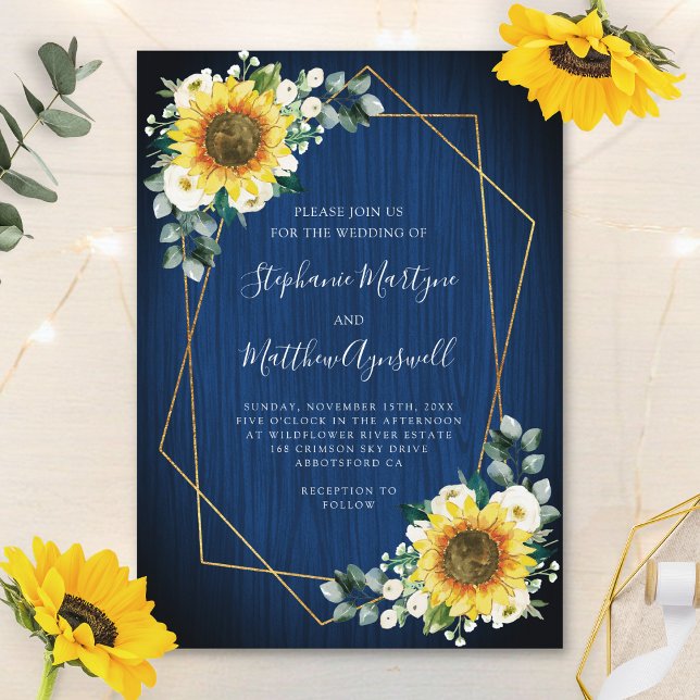 Sunflower Navy Blue Wood Geometric Wedding Invitation (Creator Uploaded)