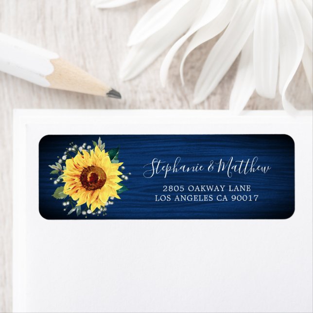 Sunflower Navy Blue Wood Return Address Label (Insitu)