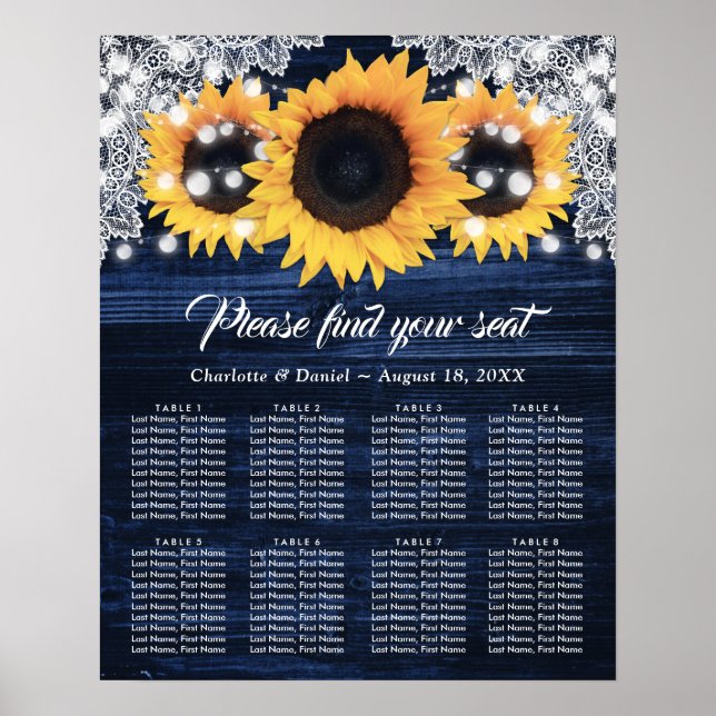Sunflower Navy Blue Wood Wedding Seating Chart 8 (Front)