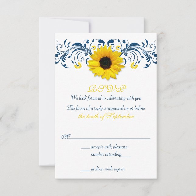 Sunflower Navy Blue Yellow Floral Wedding RSVP (Front)