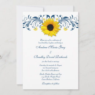 Sunflower Navy Blue Yellow White Floral Wedding Invitation