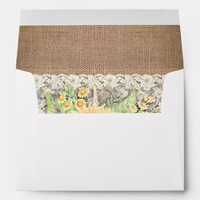 Sunflower Navy Burlap Lace Rustic Wedding Envelopes (Back (Bottom))
