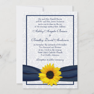 Sunflower Navy Damask Floral Wedding Invitation