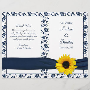 Sunflower Navy Damask Floral Wedding Program