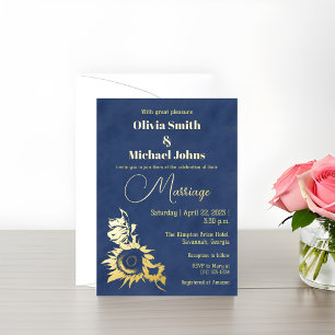 Sunflower Navy gold Wedding Invitation