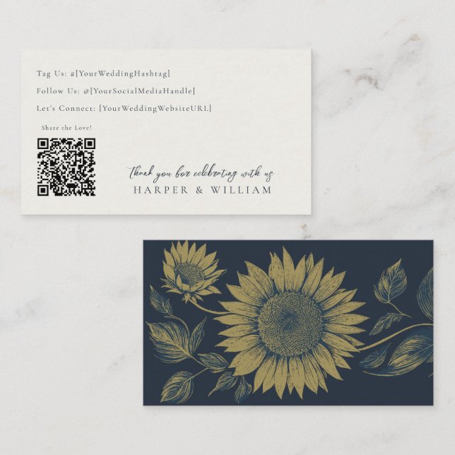 sunflower navy qr code social media wedding card (Front/Back)