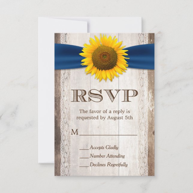 Sunflower Navy Ribbon Lace Rustic Barn Wood RSVP Card (Front)