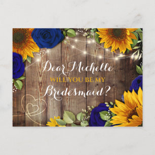 Sunflower & Navy Roses Will You Be My Bridesmaid Announcement Postcard
