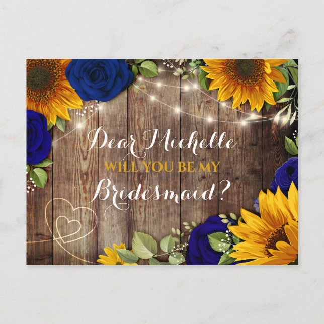 Sunflower & Navy Roses Will You Be My Bridesmaid Announcement Postcard (Front)