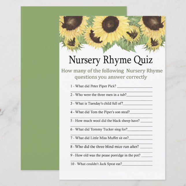 Sunflower Nursery Rhyme Quiz baby shower game (Front/Back)