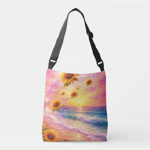 Sunflower Ocean Dream: Sunset on the Beach Crossbody Bag