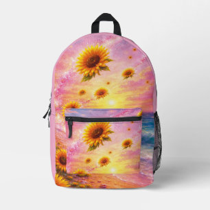 Sunflower Ocean Dream: Sunset on the Beach Printed Backpack
