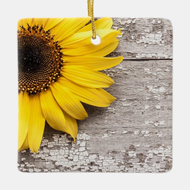 Sunflower on a Wooden Table Ceramic Ornament (Front)
