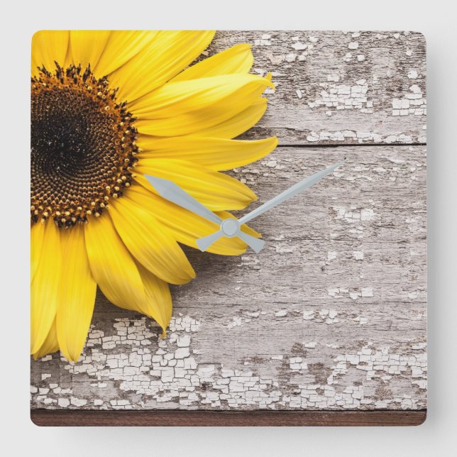 Sunflower on a Wooden Table Square Wall Clock (Front)