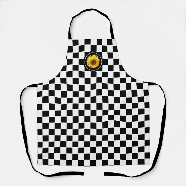 Sunflower on Black White Chequerboard Pattern Apron (Front)
