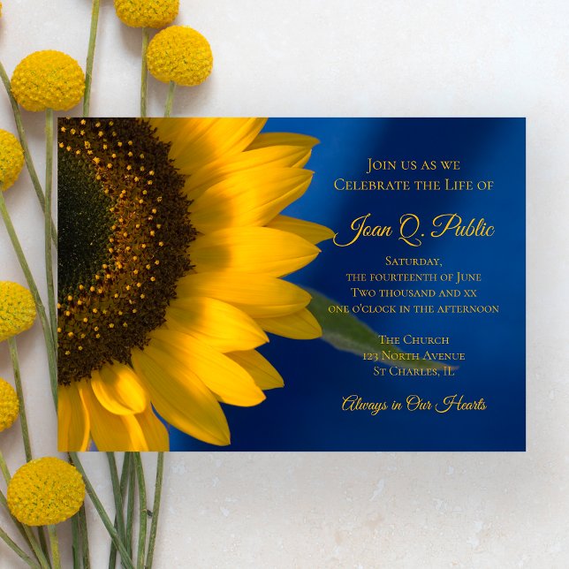 Sunflower on Blue Celebration of Life Memorial Invitation (Creator Uploaded)