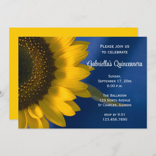 Sunflower on Blue Quinceanera Invitation (Front/Back)