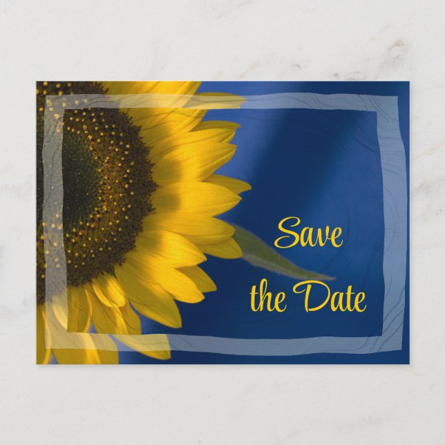Sunflower on Blue Wedding Save the Date Announcement Postcard (Front)