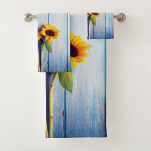 Sunflower on Blue Wood Wall Bath Towel Set