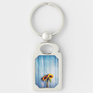Sunflower on Blue Wood Wall Key Ring