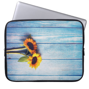 Sunflower on Blue Wood Wall Laptop Sleeve