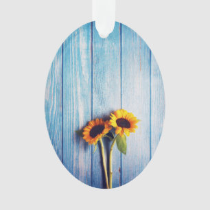 Sunflower on Blue Wood Wall Ornament