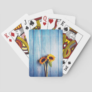 Sunflower on Blue Wood Wall Playing Cards