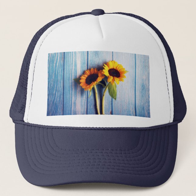 Sunflower on Blue Wood Wall Trucker Hat (Front)