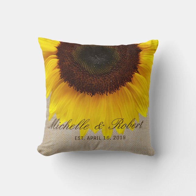 Sunflower on Burlap Rustic Country Wedding Custom Cushion (Front)