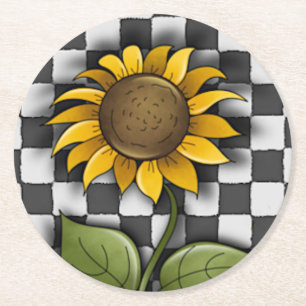 Sunflower on Chequered Background Round Paper Coaster