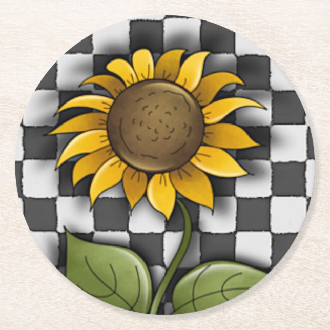 Sunflower on Chequered Background Round Paper Coaster (Front)