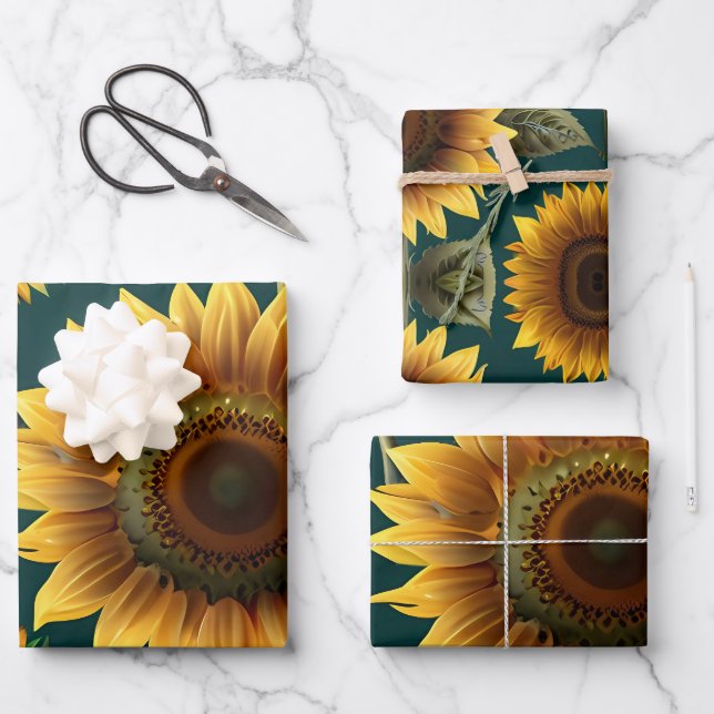 Sunflower on Green backdrop Wrapping Paper Sheet (Front)