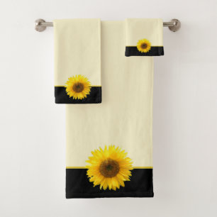 Sunflower on Light Beige and Black Bath Towel Set