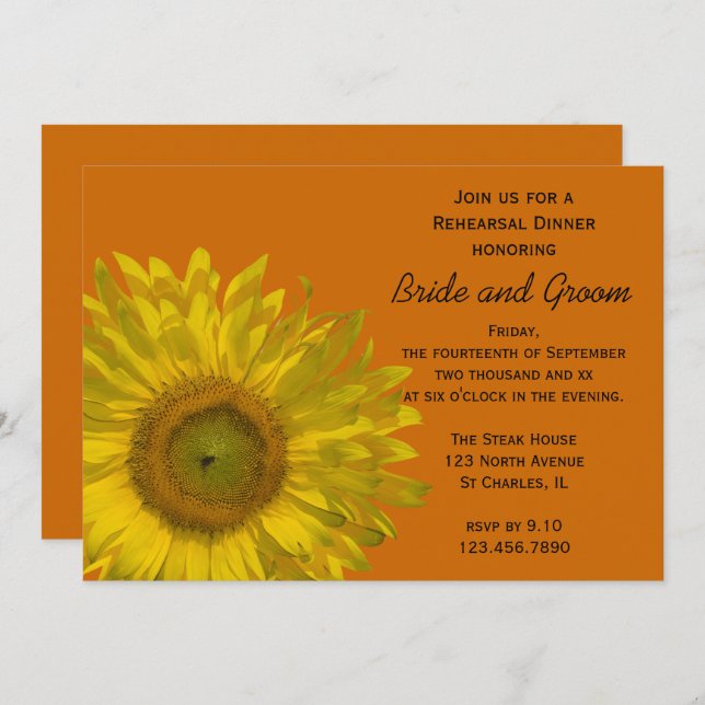 Sunflower on Orange Wedding Rehearsal Dinner Invitation (Front/Back)